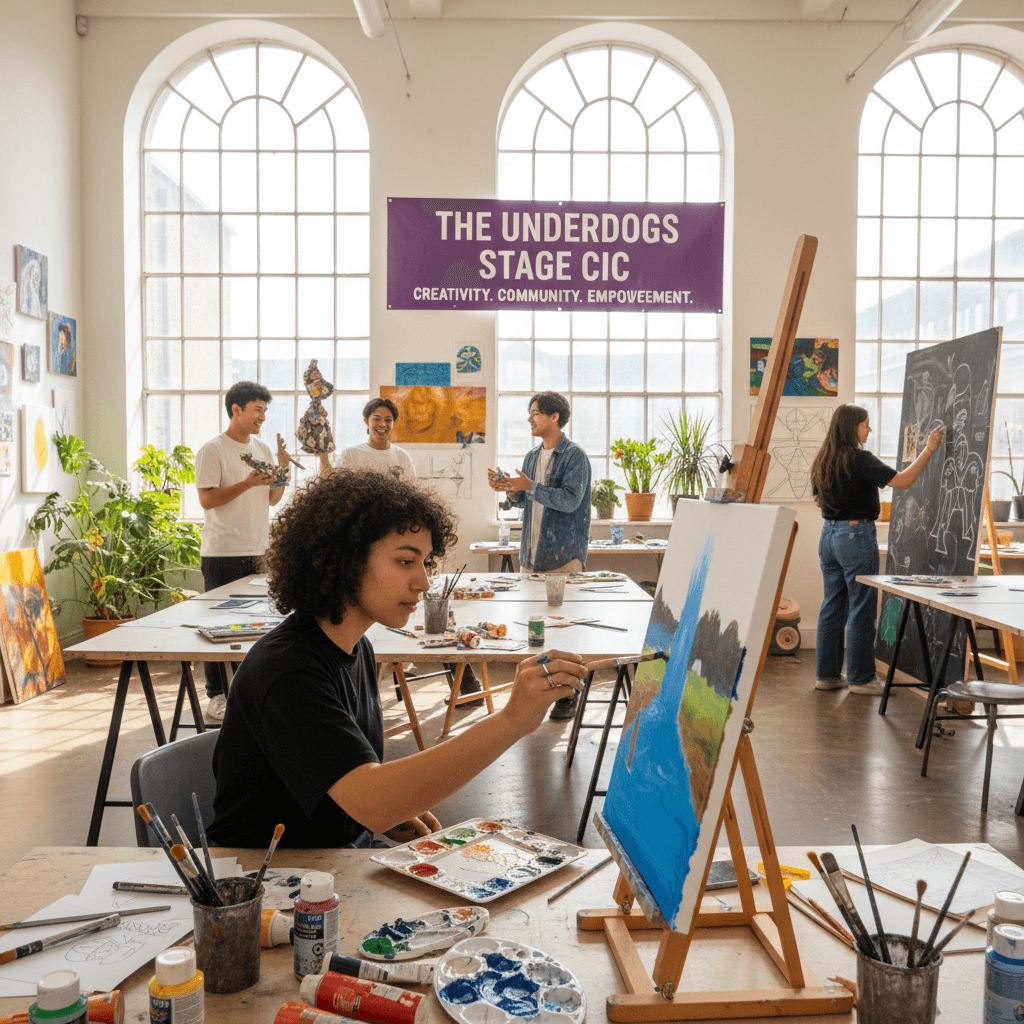 A young woman paints a landscape in a bright studio with other students working.